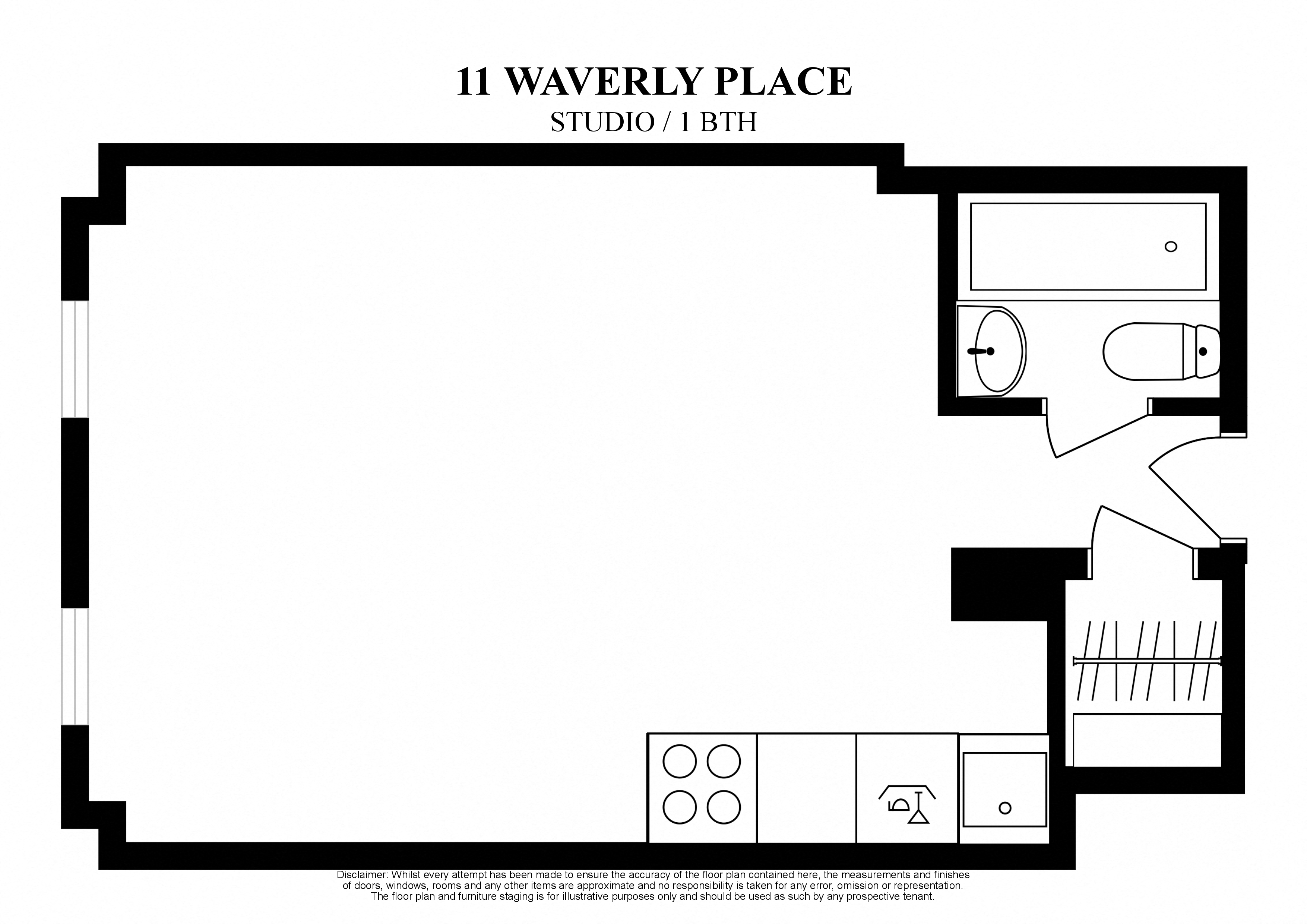 Floor plan for studio, 1 bath, 200 sqft